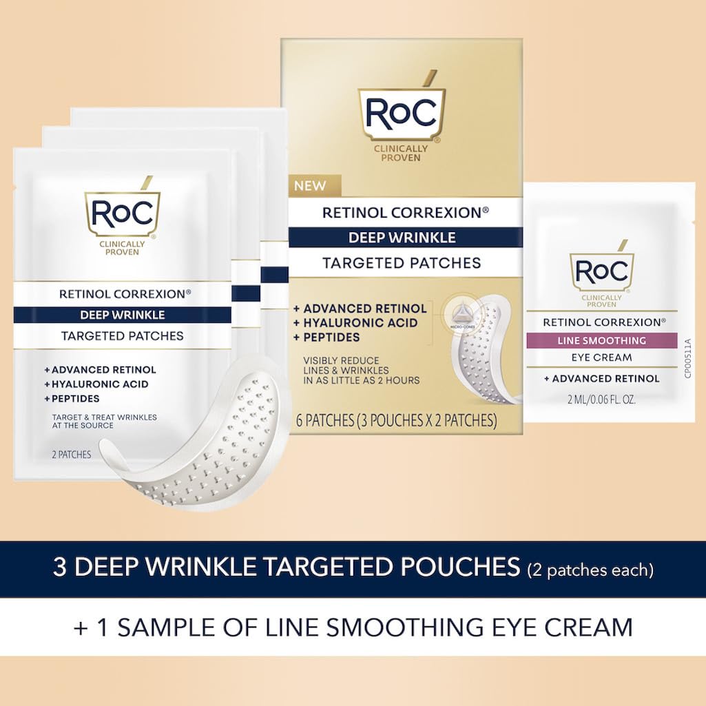 RoC Retinol Correxion Deep Wrinkle Non-Invasive Targeted Patches with Hyaluronic Acid + Firming Peptides for Forehead, 11 Lines, Crow’s Feet and Laugh Lines, (6 Patches) with Retinol Eye Packette