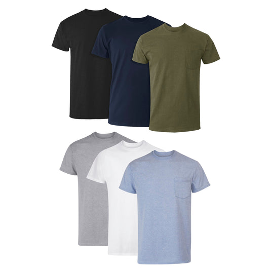 Hanes Men's Pocket Undershirt Pack, Cotton Crew Neck T-Shirt, Moisture Wicking Tee, Assorted 6-Pack