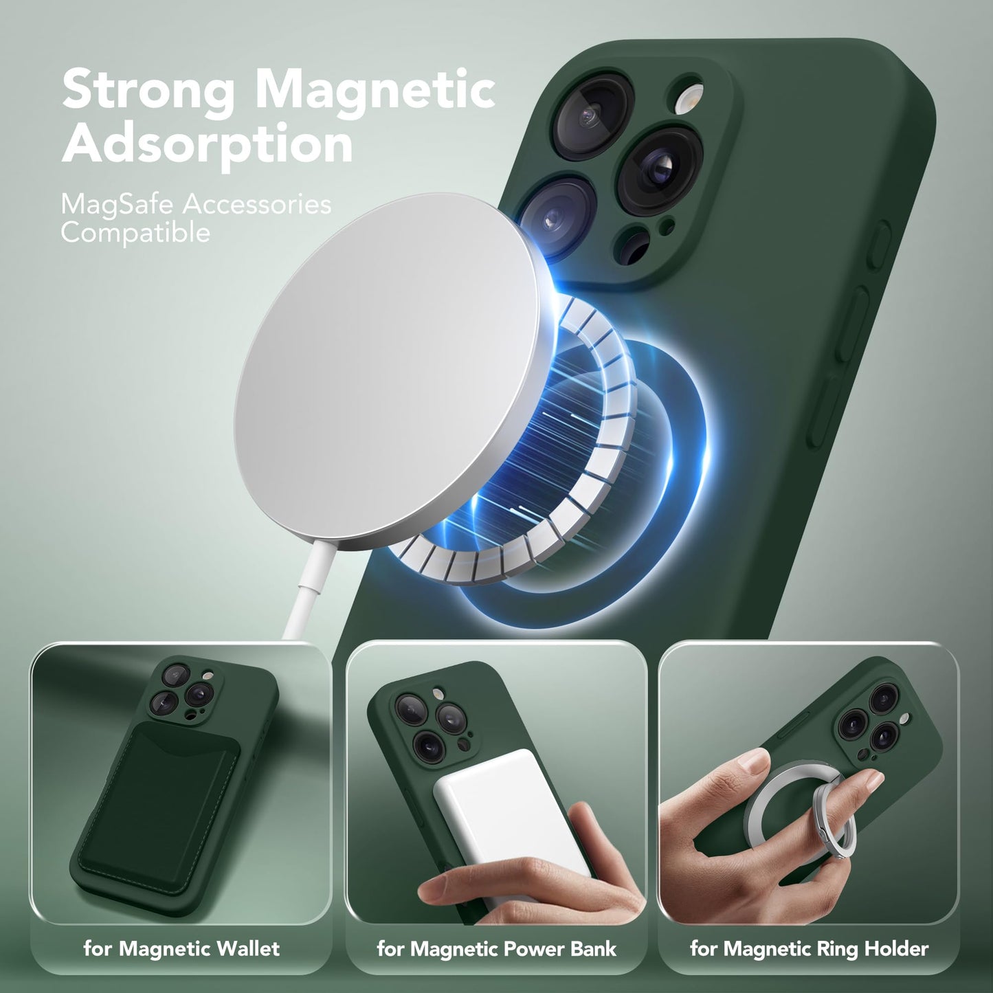 Magnetic for iPhone 16 Pro Max Case, Compatible with MagSafe, [Full Camera Protection][Screen Protector] Silicone Shockproof Protective Phone Case for iPhone 16 Pro Max 6.9", Calke Green