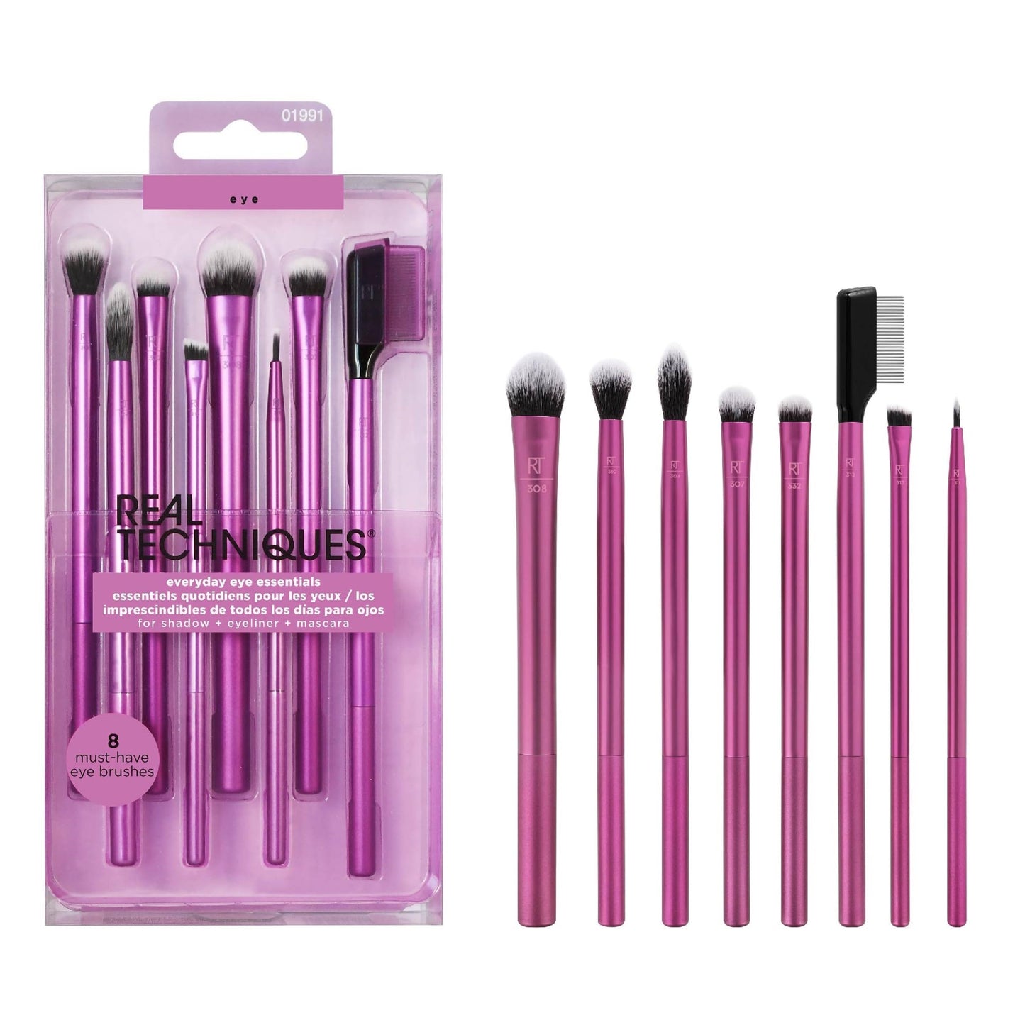 Real Techniques 8 Piece Everyday Eye Essentials Makeup Brush Set, Eye Brushes for Eye Liner, Eyeshadow, Brows, & Lashes, Travel Friendly, Gift Set, Synthetic Bristles, Cruelty-Free & Vegan